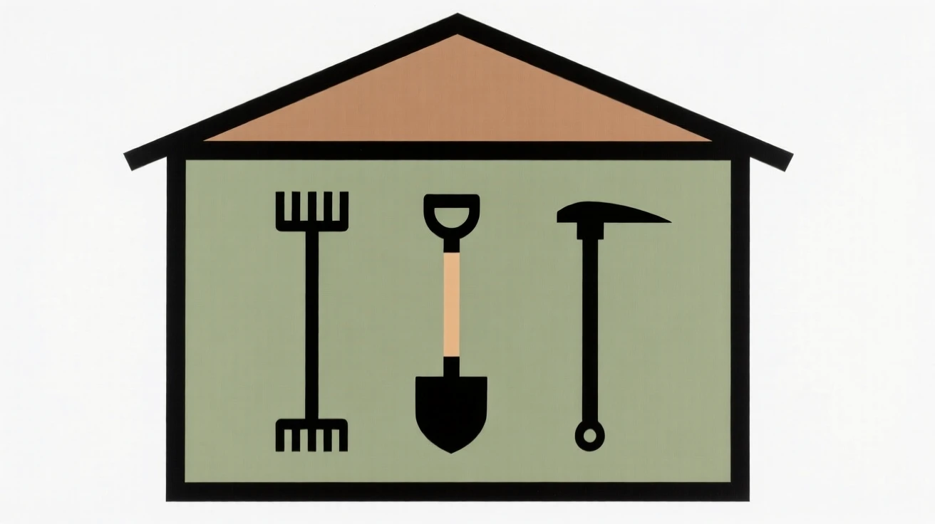 A garden shed with tools hung on the wall