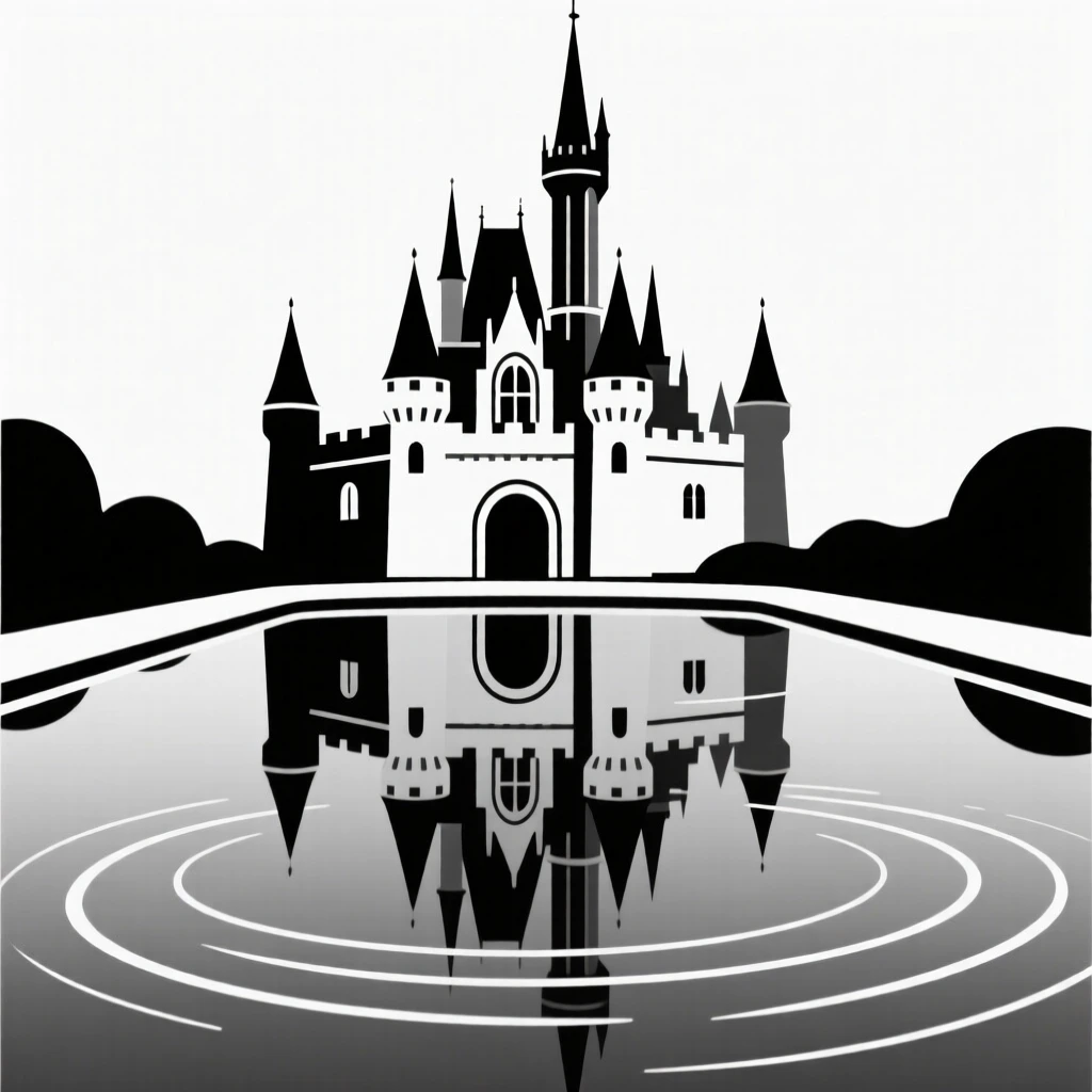 A fairytale castle reflected in a moat.