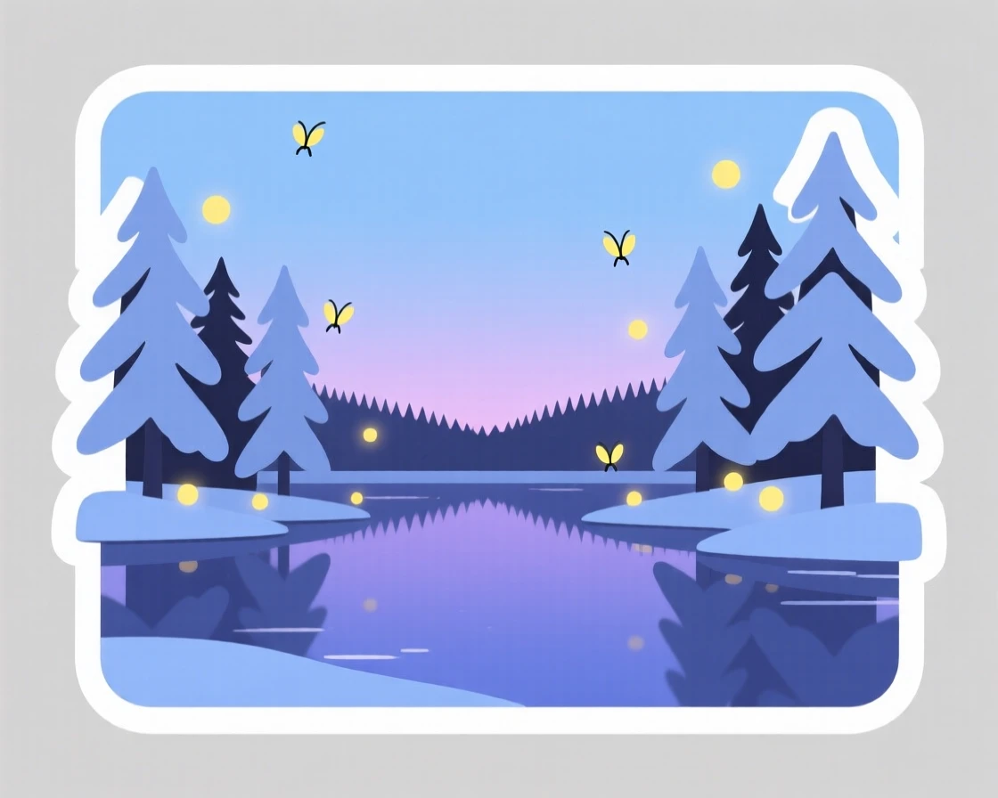 A calm and quiet frozen lake surrounded by snowy pines, with fireflies glowing softly in the dusk, on a clear and cloudless day.