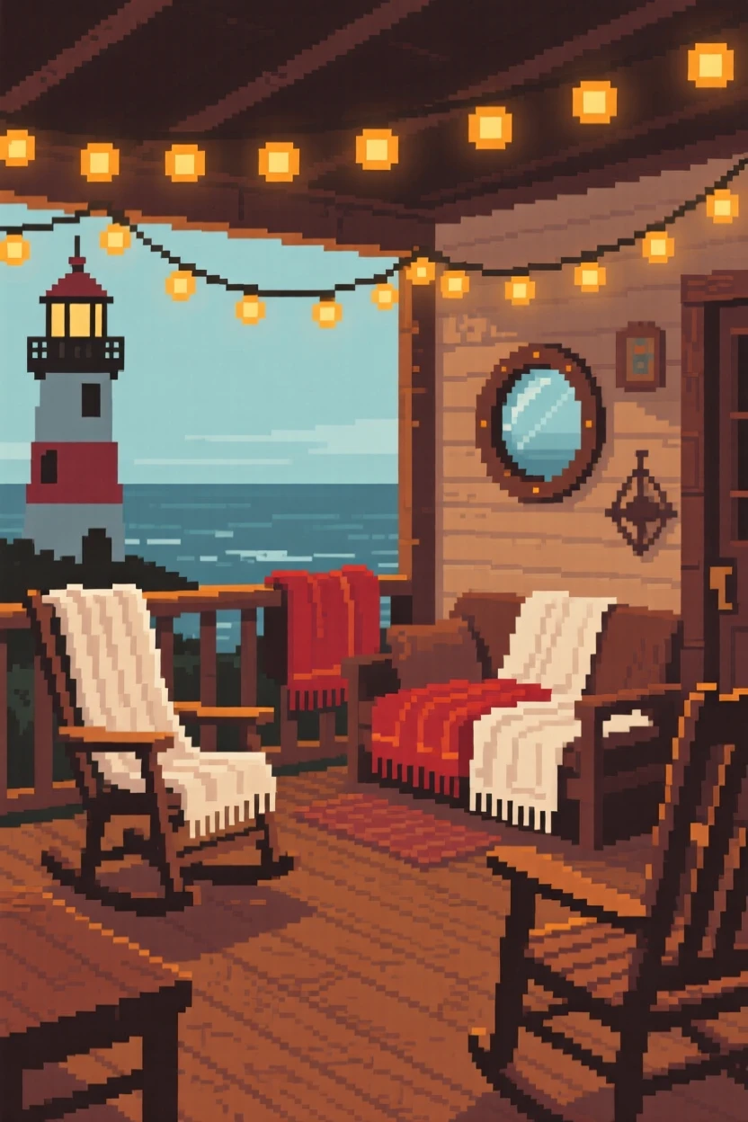 A cabin porch covered in blankets and fairy lights, within a lighthouse keeper's living room.
