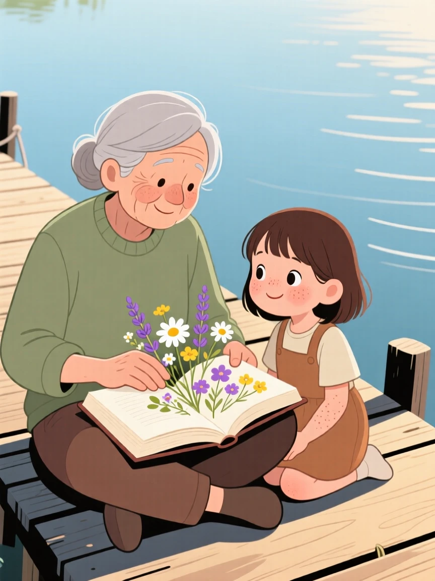 A grandparent shows a curious granddaughter how to press flowers between book pages in the lakeside dock, both taking their time as the afternoon sun warms their shoulders.