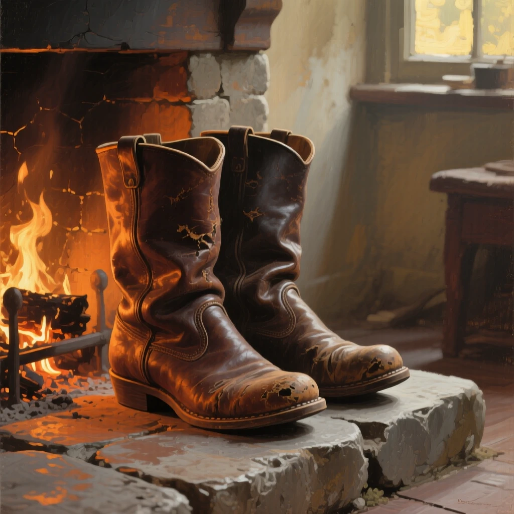 A close-up portrait of a pair of worn leather boots beside a crackling fireplace, in late afternoon.