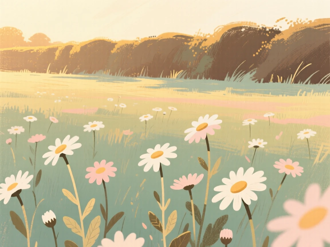 A meadow of daisies stretching toward a distant hedgerow