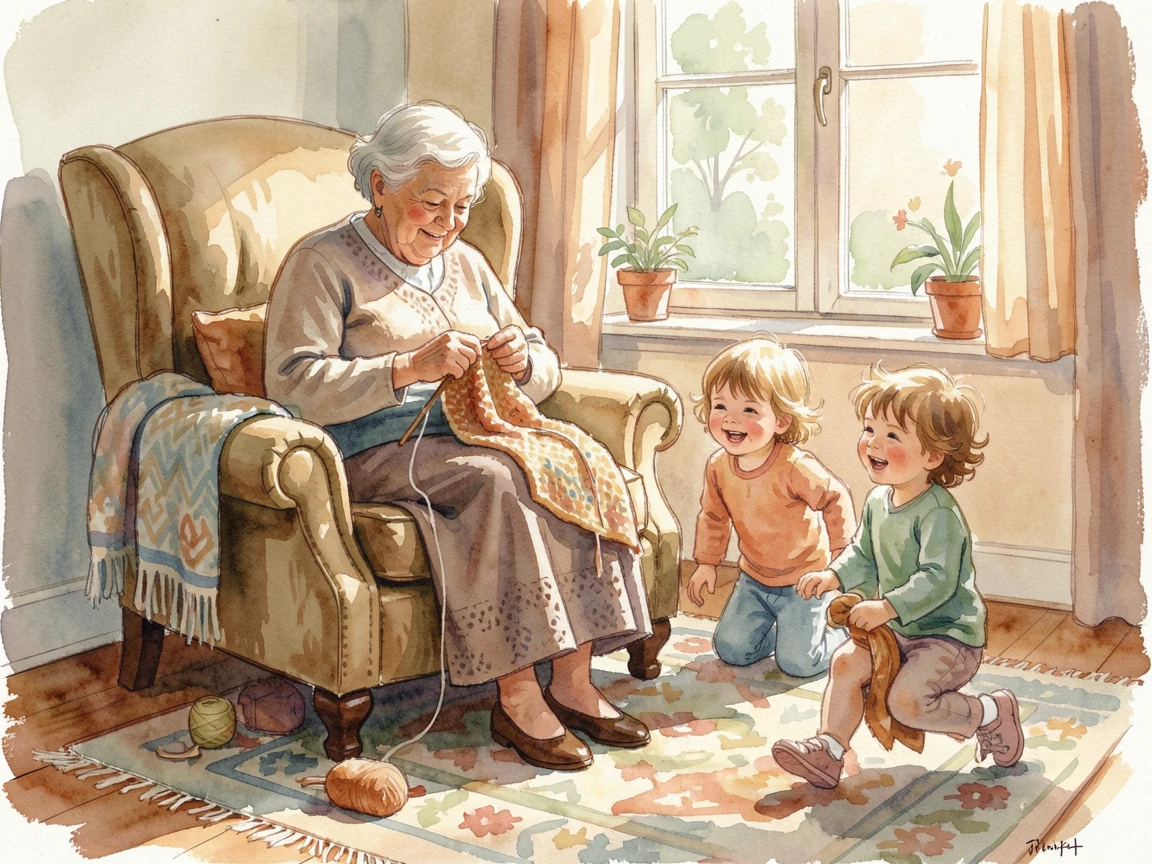 A grandmother knitting while her grandchildren play nearby with warm smiles all around.