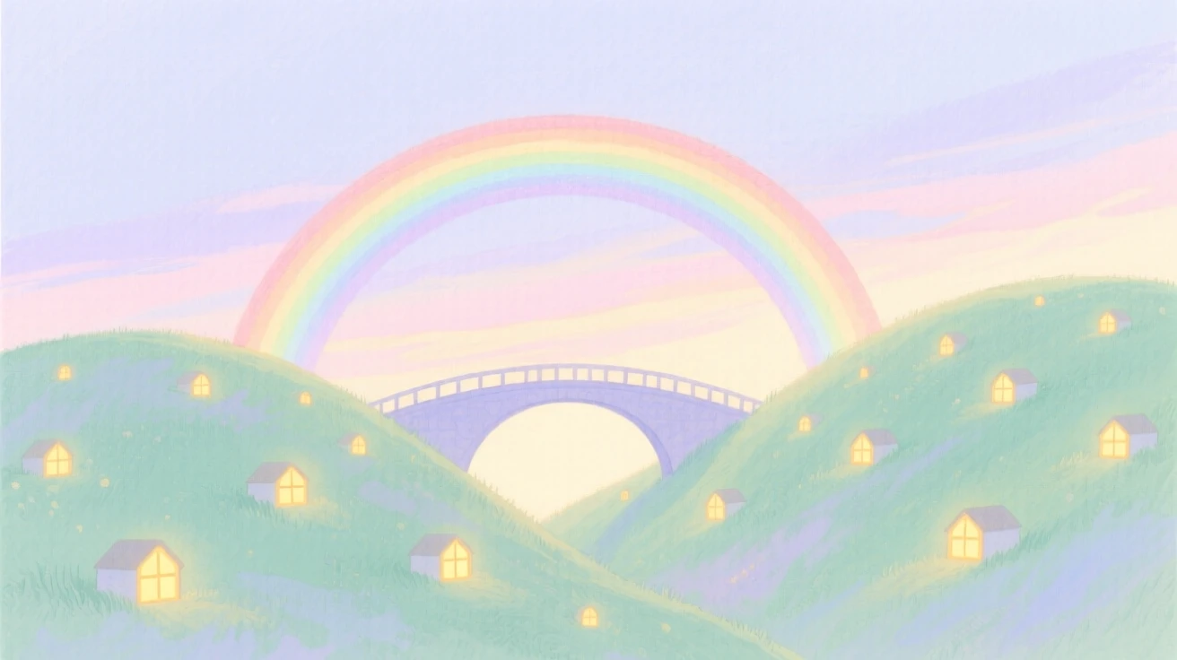 A dreamlike scene of a rainbow bridge between hills, dotted with tiny glowing windows, inviting quiet wonder and imagination