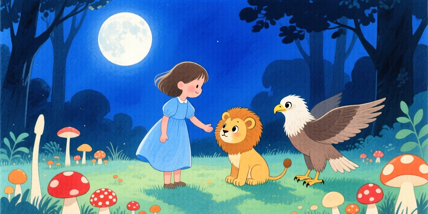 A girl in a flowing blue dress meeting a shy baby griffin in a moonlit clearing full of mushrooms.