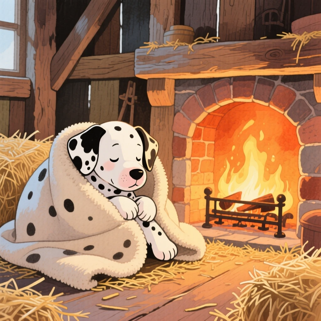 A spotted dalmatian puppy snuggling under a cozy blanket by a fireplace, set in a rustic barn filled with soft hay, brimming with cozy comfort.