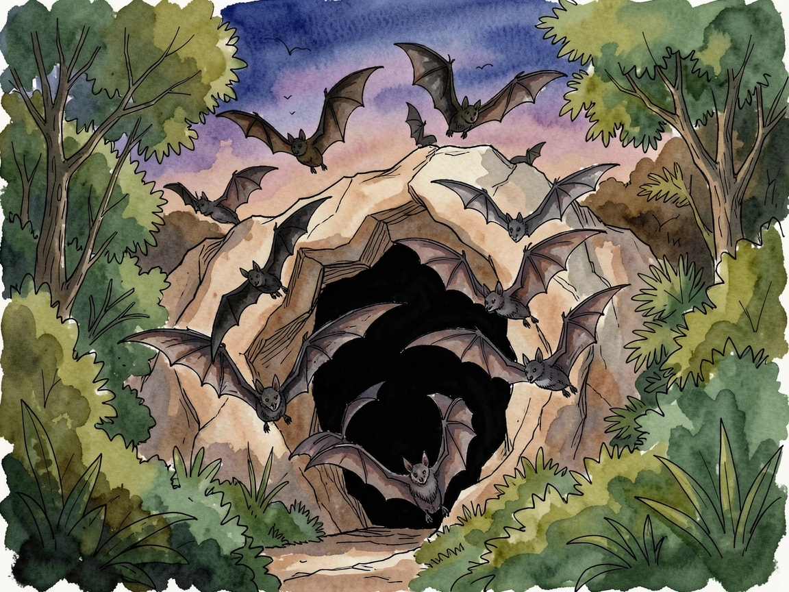 A colony of bats swirling out from a cave entrance at dusk, the scene framed by lush greenery on every side.