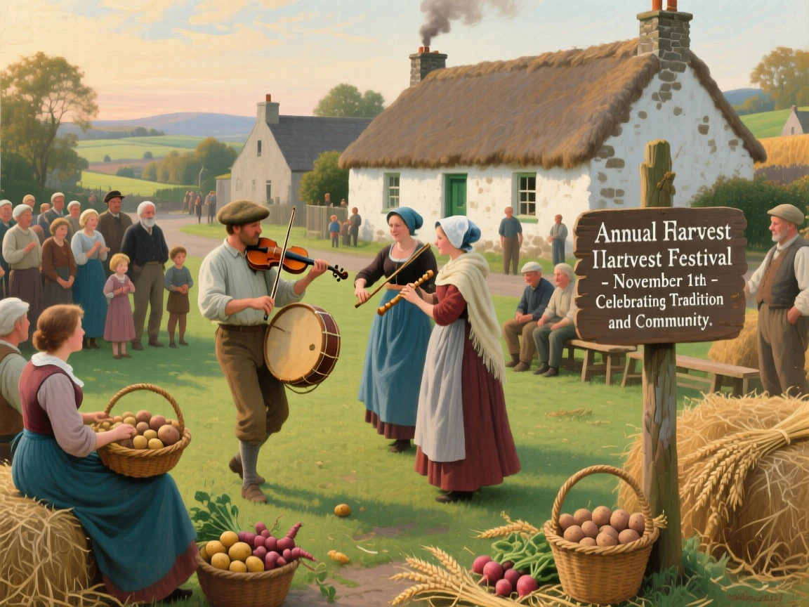 An Irish village celebrating a traditional harvest festival with music and dance, as onlookers in traditional dress watch the scene unfold, honoring the customs, craftsmanship, and spirit of the time