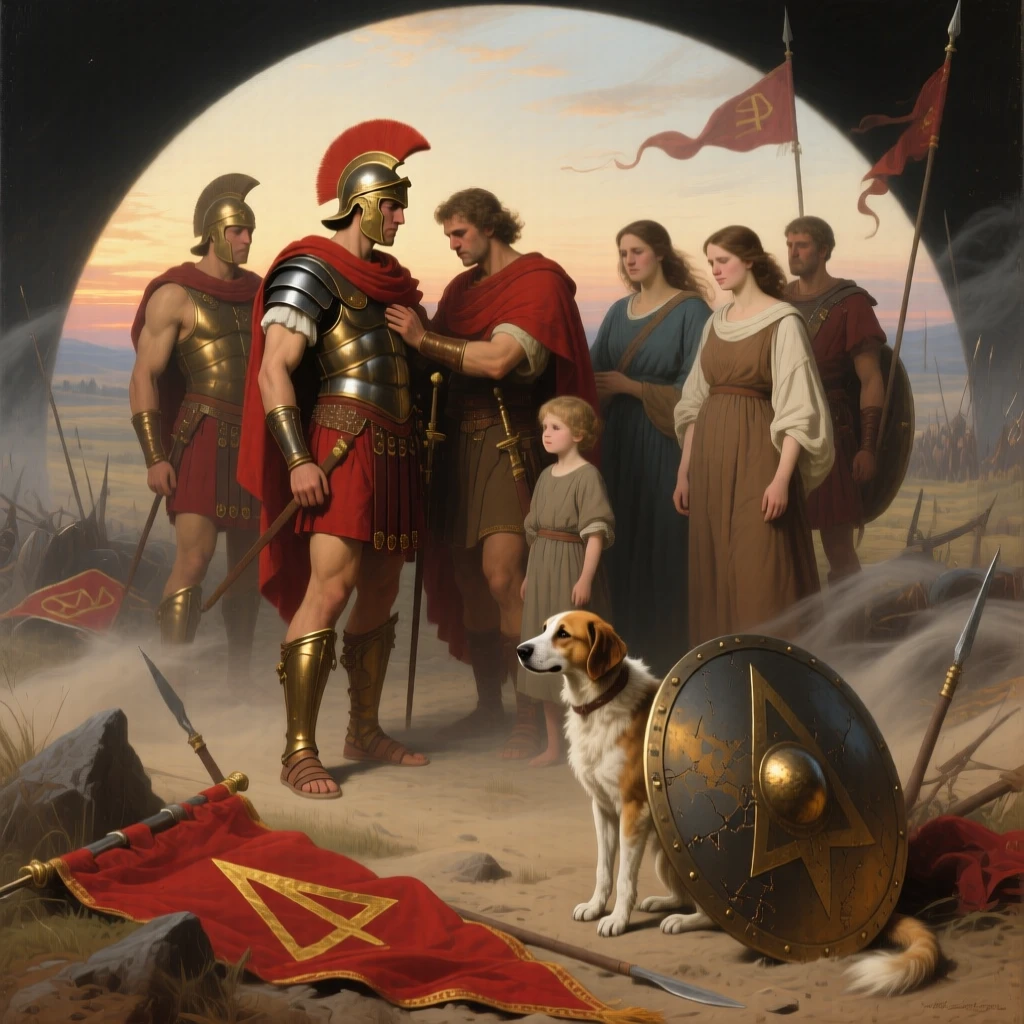 A band of Spartan warriors bidding farewell to their families at dawn at the exact instant fate is sealed, set on a windswept battlefield strewn with fallen standards, with a faithful hound and a fallen shield resting nearby; the crowd forms a natural frame around the central action, capturing the timeless clash of glory and mortality.