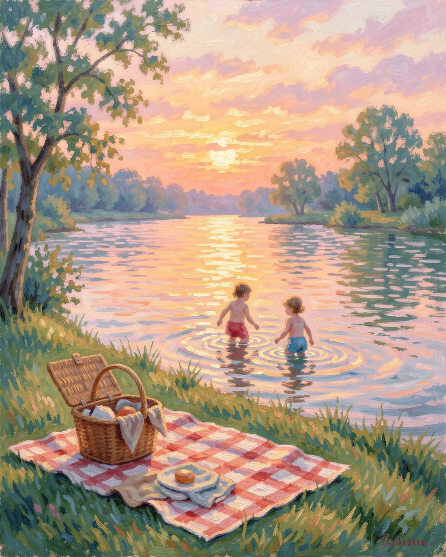 A lakeside family picnic with a checkered blanket, wicker basket, and children wading in the shallows, under a glowing sunset sky, evoking a sense of peace and quiet wonder.