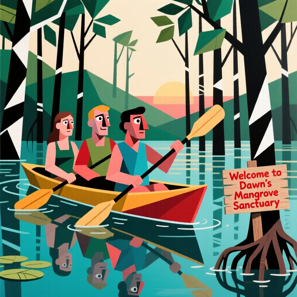 A group of friends kayaking through a calm mangrove forest at dawn.
