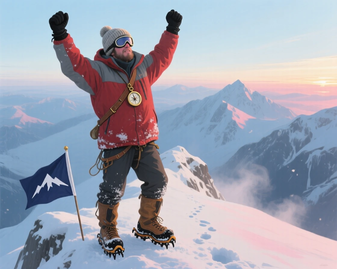 A determined mountaineer stands at a summit, ice-crusted goggles pushed up, arms raised in triumph against a backdrop of endless snow peaks, a quiet warmth radiating from the interaction, grounded in small authentic details.