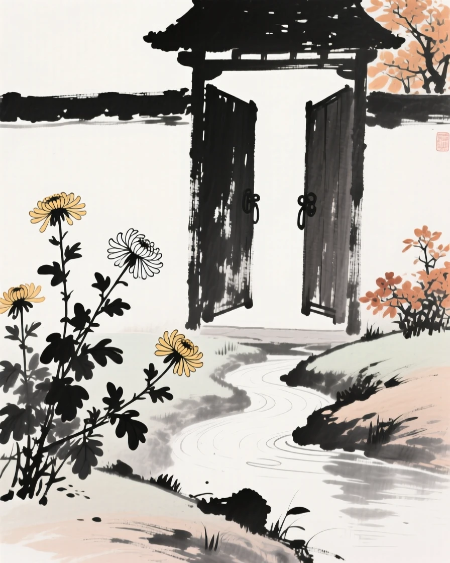 Chrysanthemums bloom late into the season beside a quiet garden gate, with a small stream running quietly past the hillside.