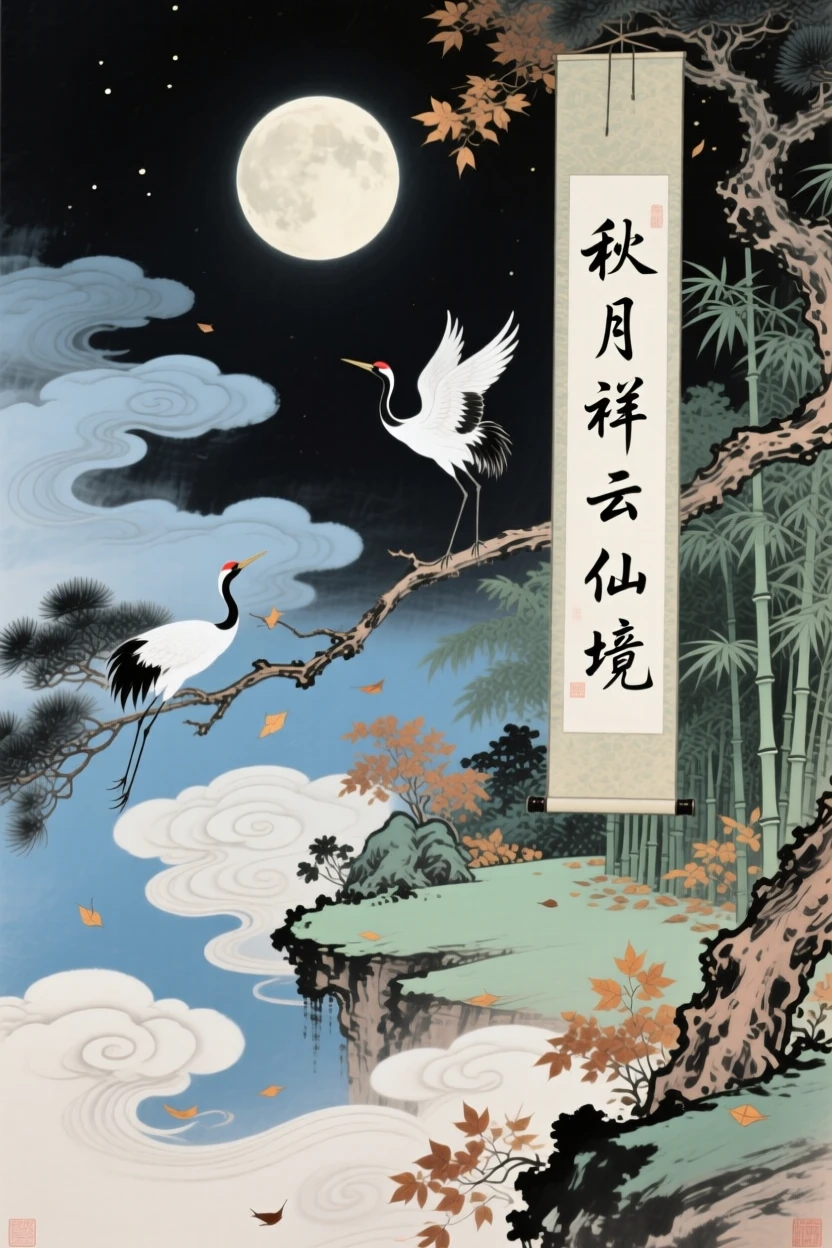 A celestial garden suspended above the clouds, reachable only by cranes, under a full moon, in late autumn.