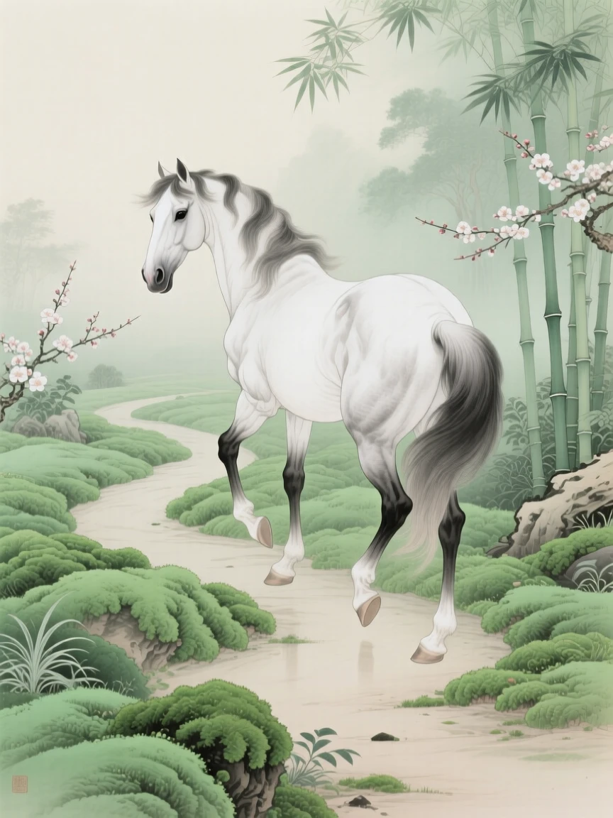 A horse exploring a moss-covered garden path