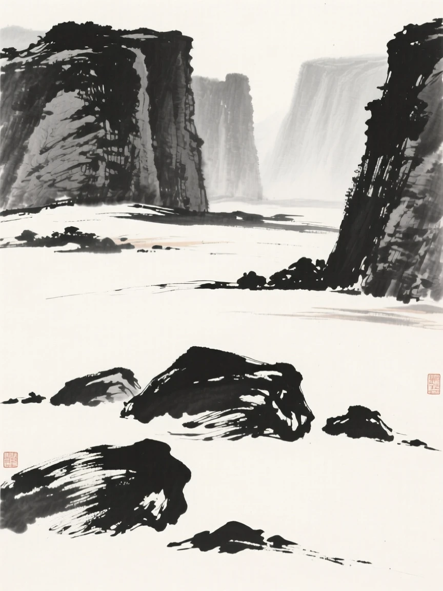 A windswept plateau scattered with wind-carved boulders beneath towering rock walls softened by haze, framed low, with the foreground rocks leading the eye toward the distance, suggesting the quiet vastness of the natural world.