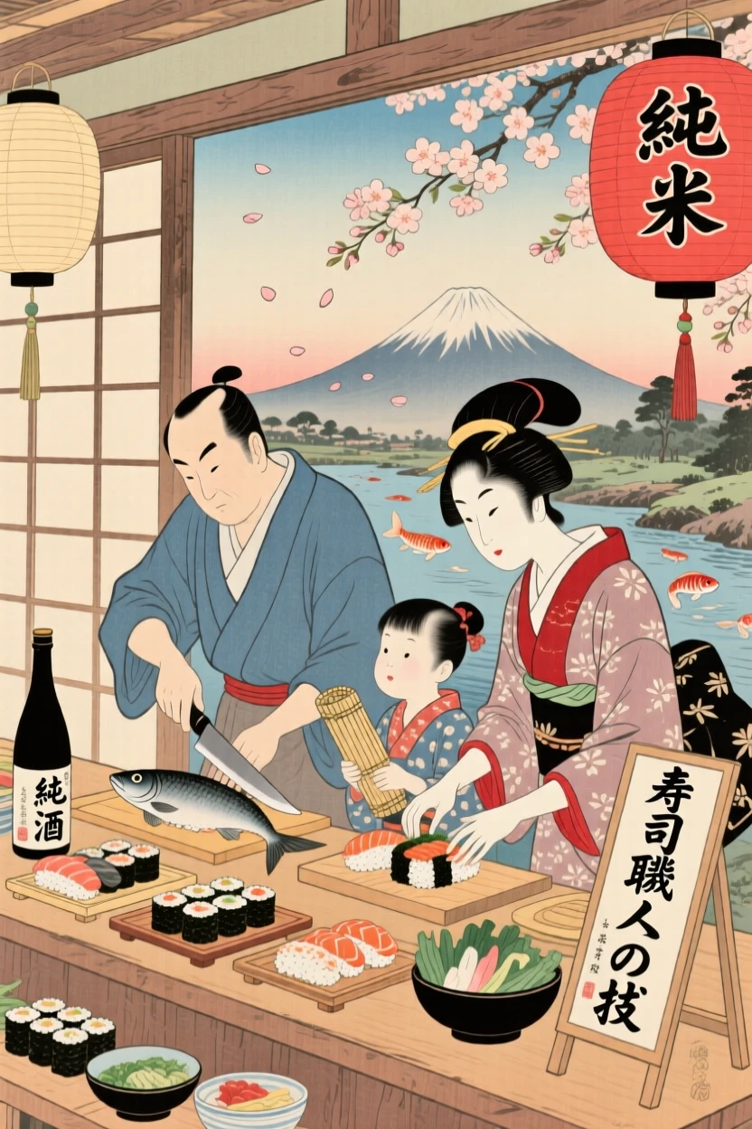 A family preparing sushi with precise movements behind a counter.