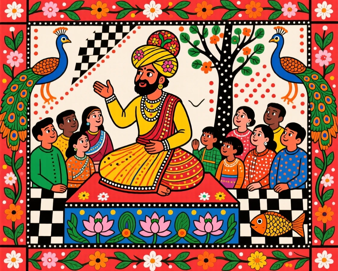 A folk storyteller performing an ancient legend for a captivated crowd.