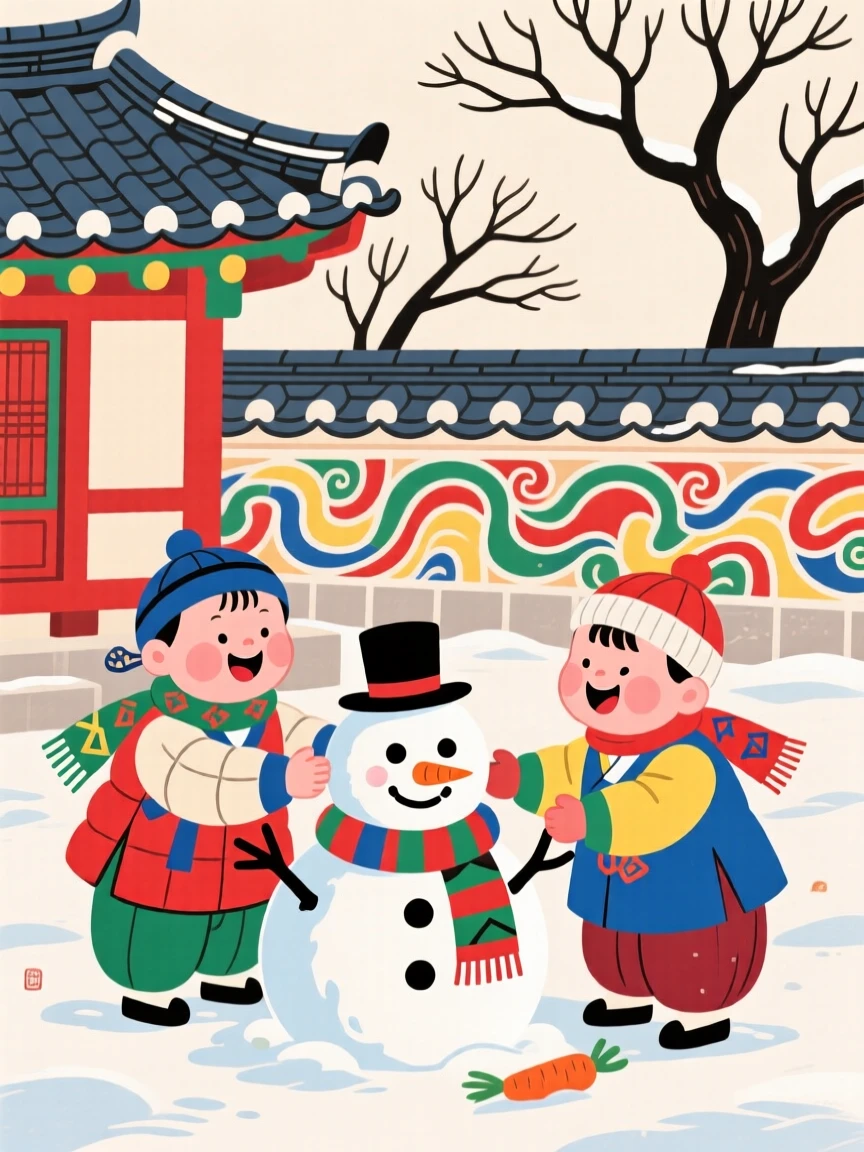 Children building a small snowman in a courtyard.