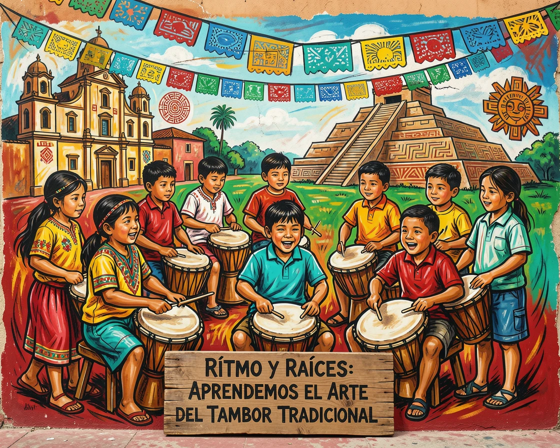 A group of children learning to play traditional drums