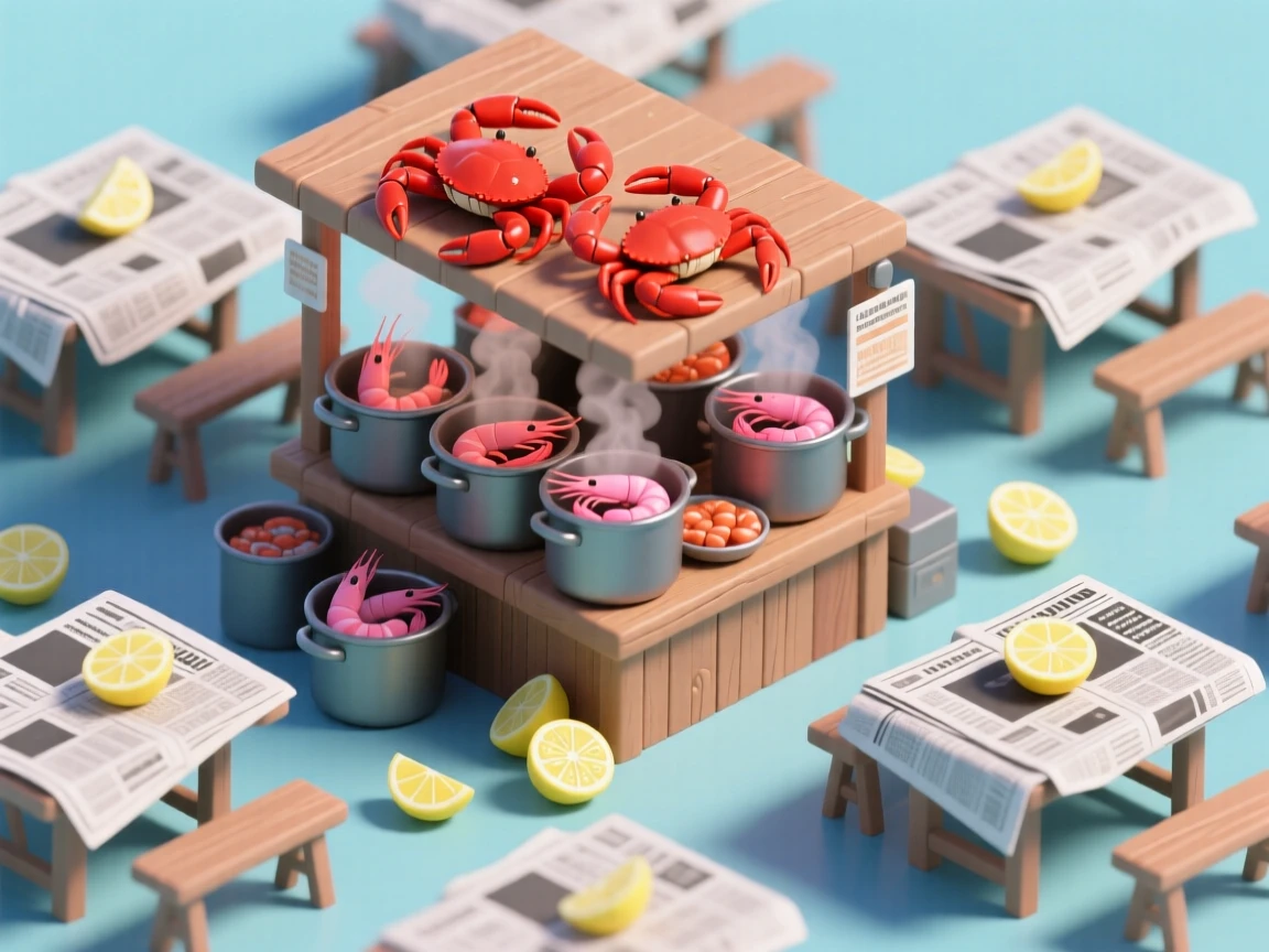 A bustling seafood boil stand with steaming pots of crab and shrimp, newspaper-lined tables, and lemon wedges scattered about.