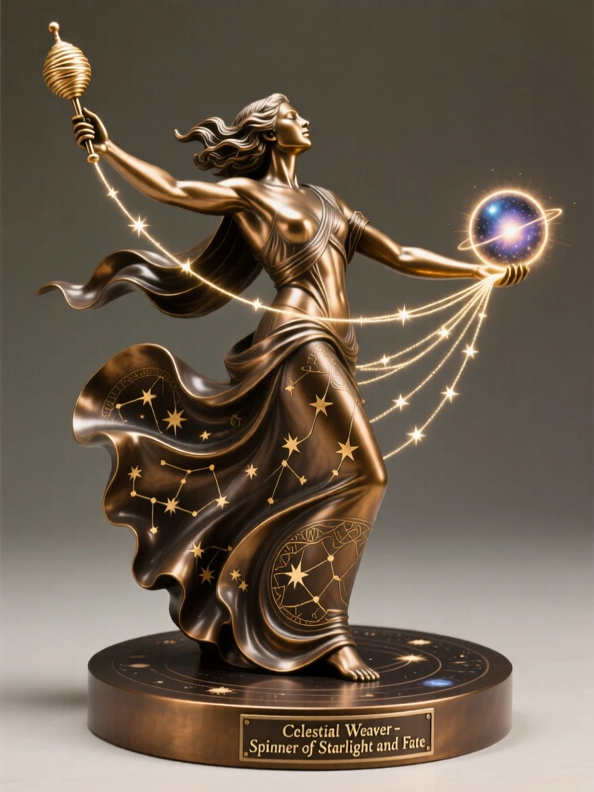 A celestial weaver spinning threads of starlight into fate, captured in a powerful, dynamic pose, radiating awe and grandeur