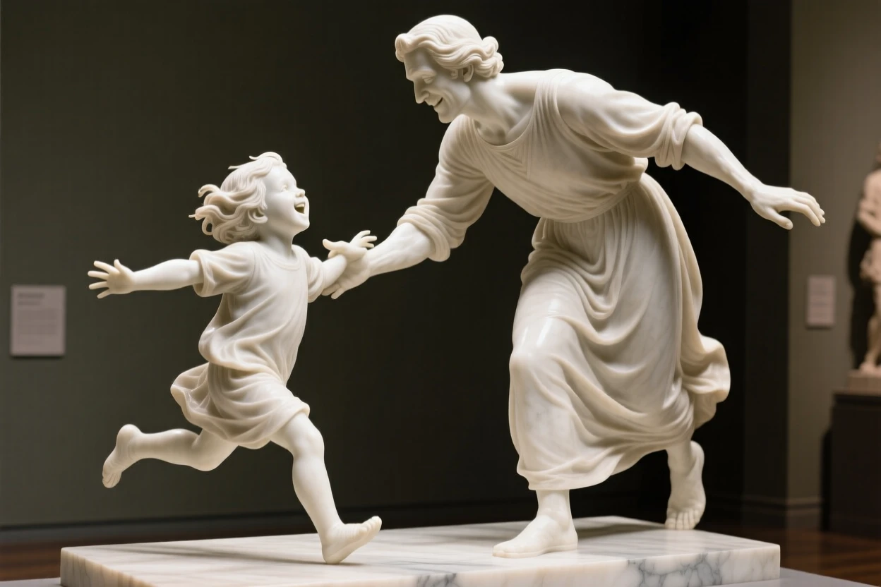 A heartfelt moment showing a child running joyfully into a parent's open arms, radiating love and genuine human emotion