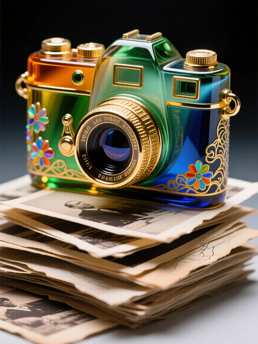 A vintage camera resting on a stack of old photographs, nostalgic and reflective.