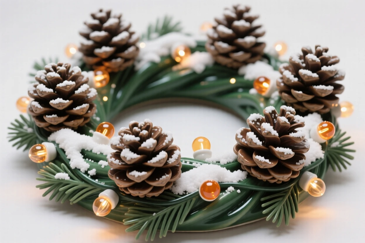 A snow-dusted pinecone wreath captured mid-celebration with joyful energy, dotted with tiny twinkling lights, evoking festive joy and warm togetherness.