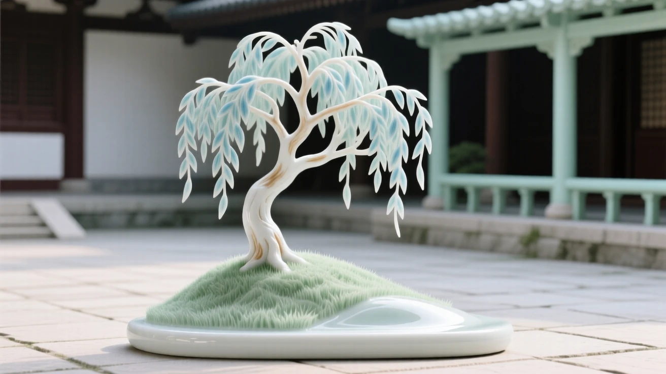 A graceful willow tree standing alone on a grassy hill in a tranquil temple courtyard.