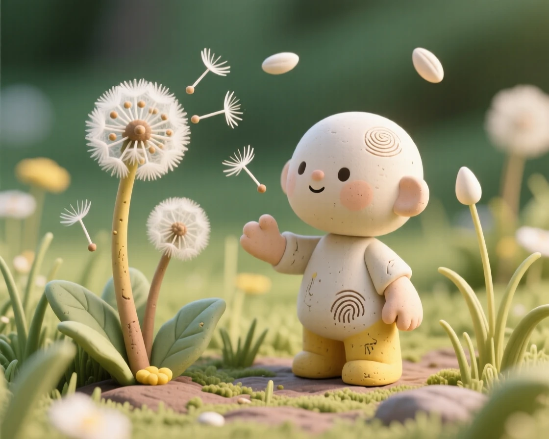 A meadow filled with dandelions releasing their seeds in the wind