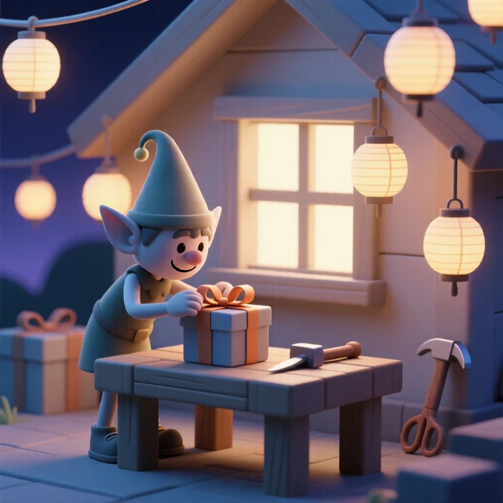 A mischievous elf wraps the final ribbon on a gift beneath a glowing workshop lit by twinkling lanterns.