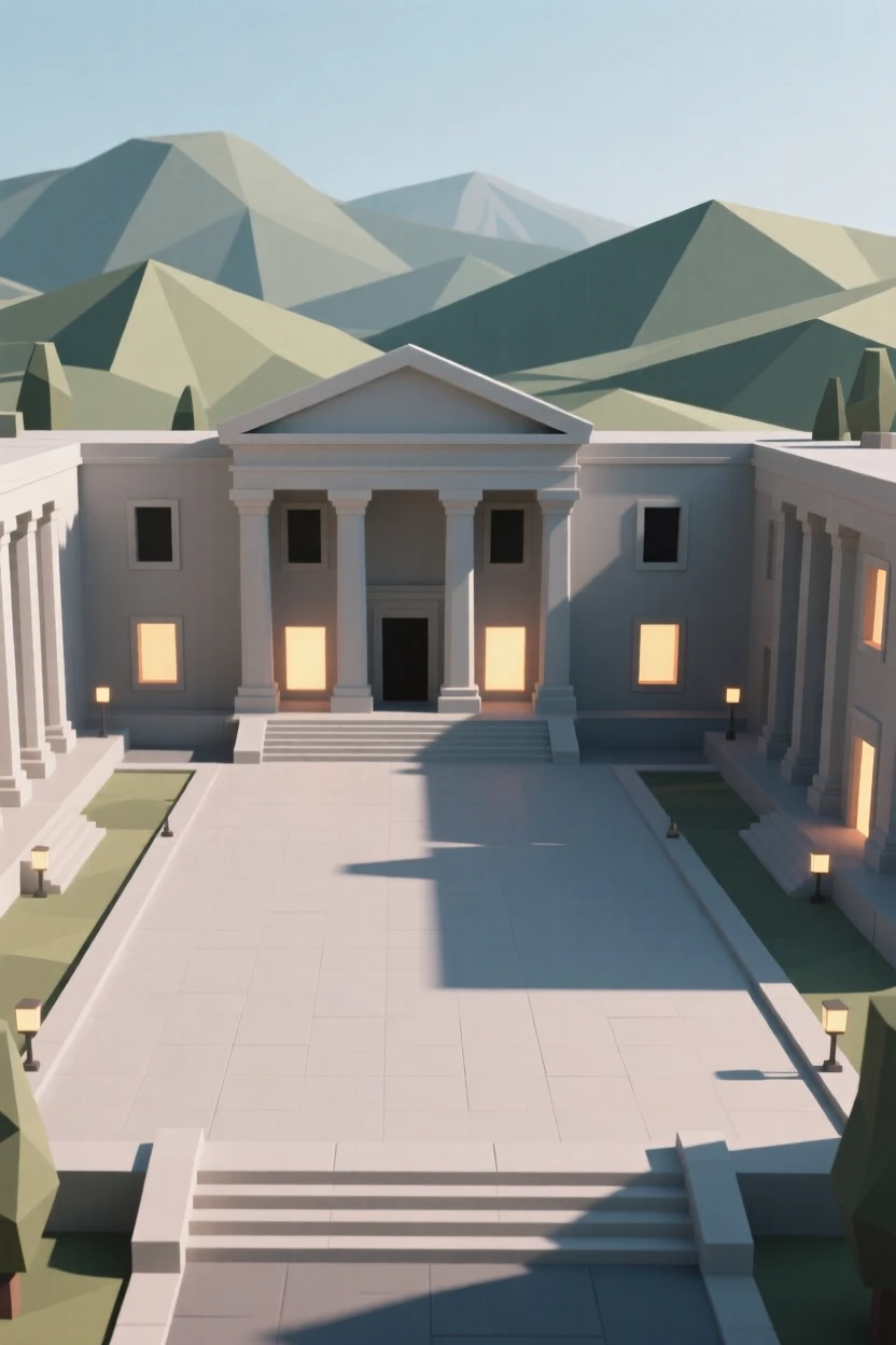 A grand plaza framed by classical architecture, framed by distant rolling hills. warm window lights add a cozy glow to the scene. The place feels steeped in history.