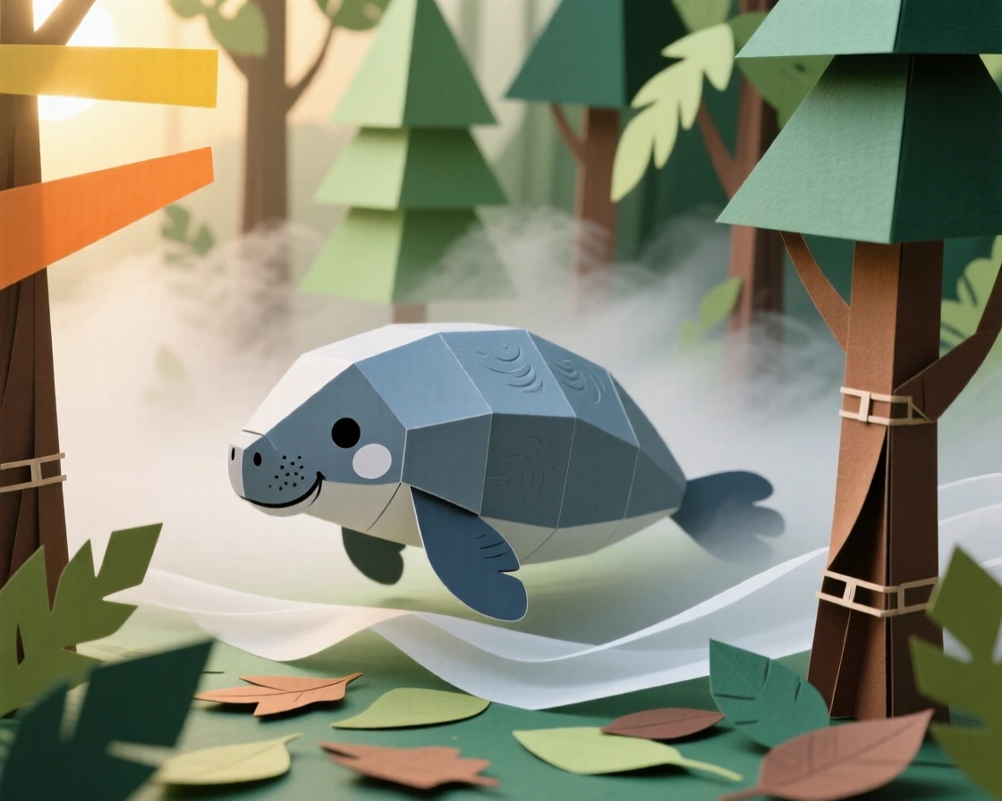 A gentle manatee exploring a misty forest at dawn, with soft golden light catching its fur, capturing playful joy and warmth.