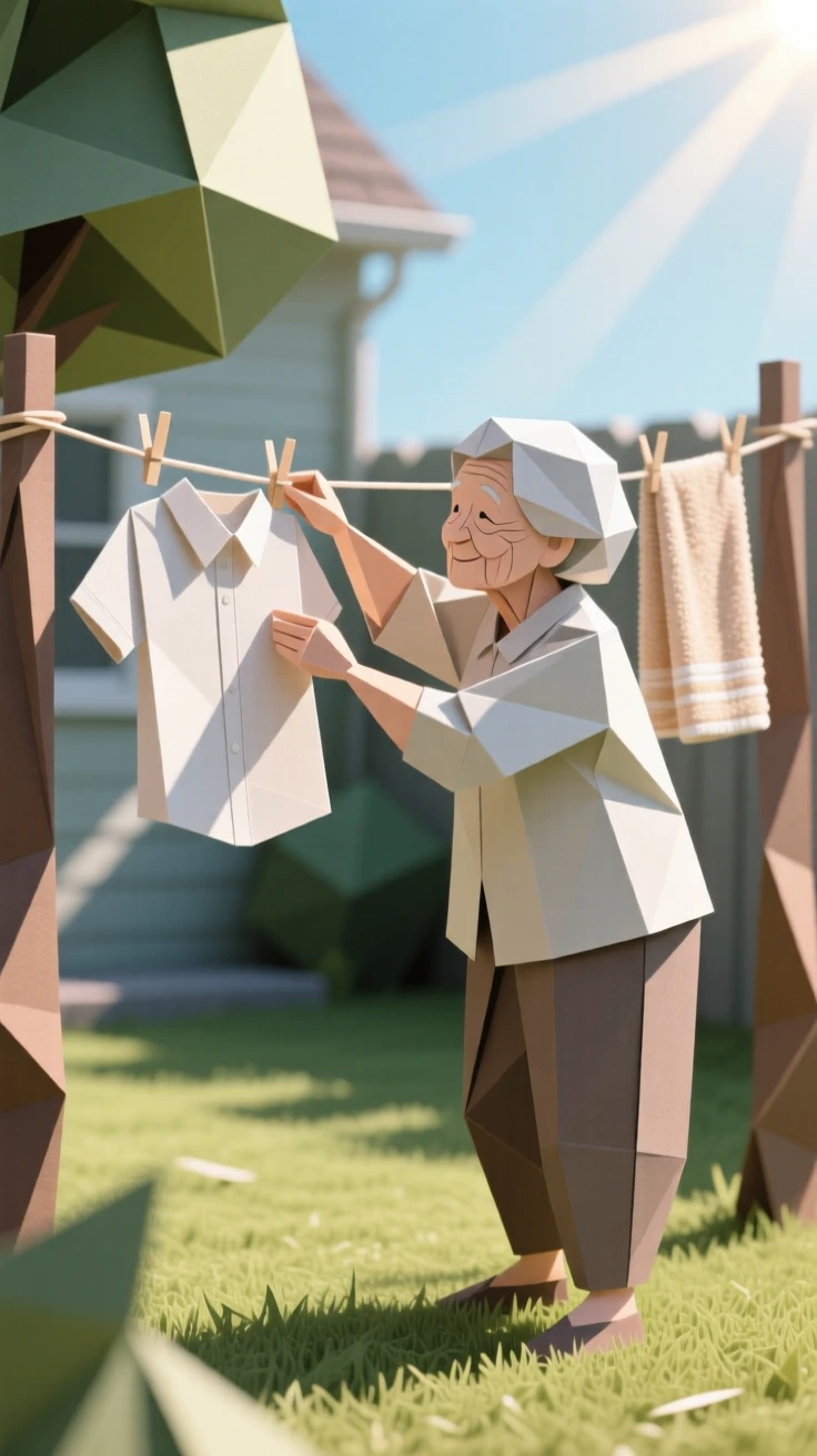 A grandmother hanging laundry on a line strung across a sunny backyard.