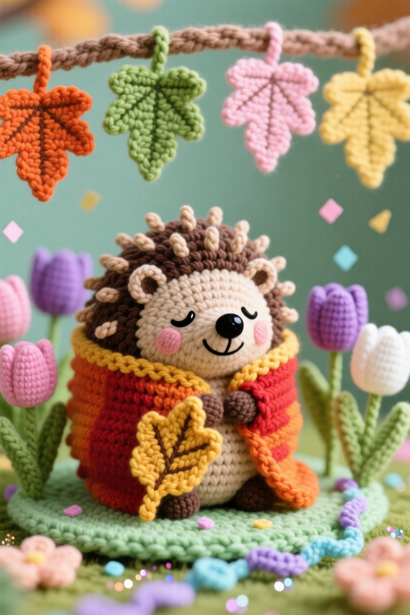 a cheerful autumn hedgehog wrapped in a leaf blanket, curling up for a nap, is shown resting beneath a canopy of falling leaves in a blooming spring garden full of tulips beside a trail of glittering confetti, capturing quiet, comforting seasonal tradition.