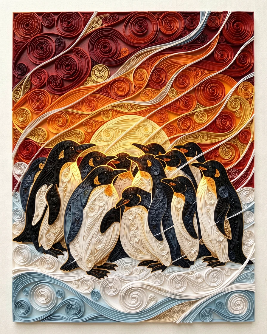 A striking wildlife scene of a colony of penguins huddled together in a blizzard against a dramatic glowing sunset sky, with warm golden light rimming the fur or feathers, framed in a dramatic silhouette against the sky.