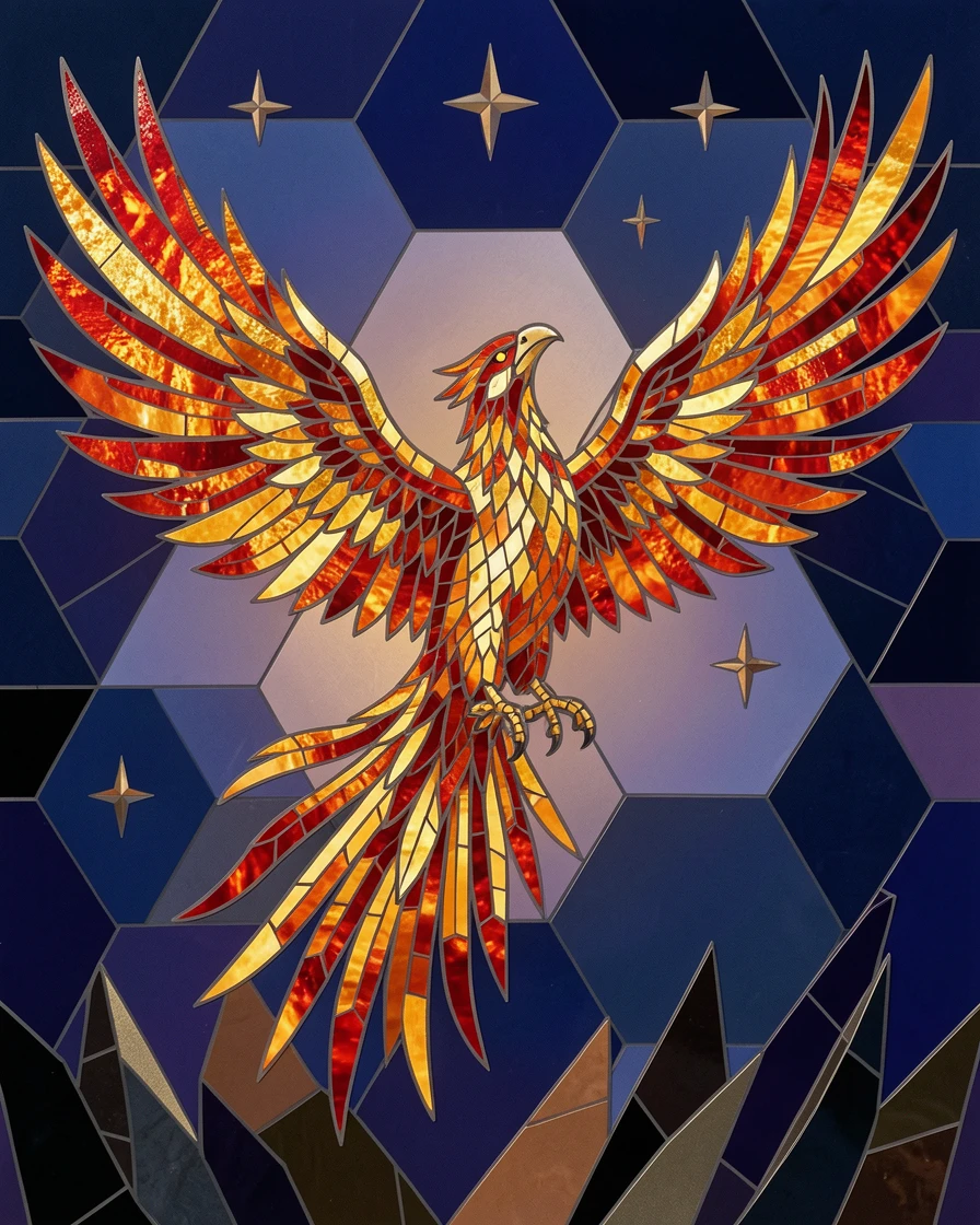 A phoenix rising in a burst of fiery feathers against a night sky.