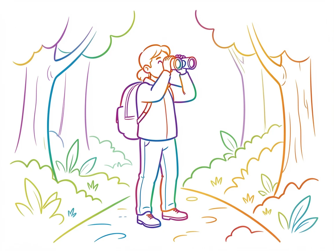 A birdwatcher peering through binoculars from a quiet forest trail.