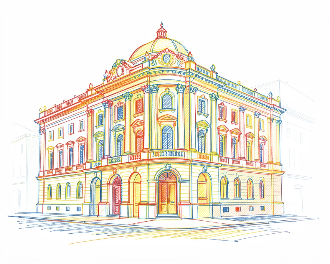A grand opera house facade illuminated at night
