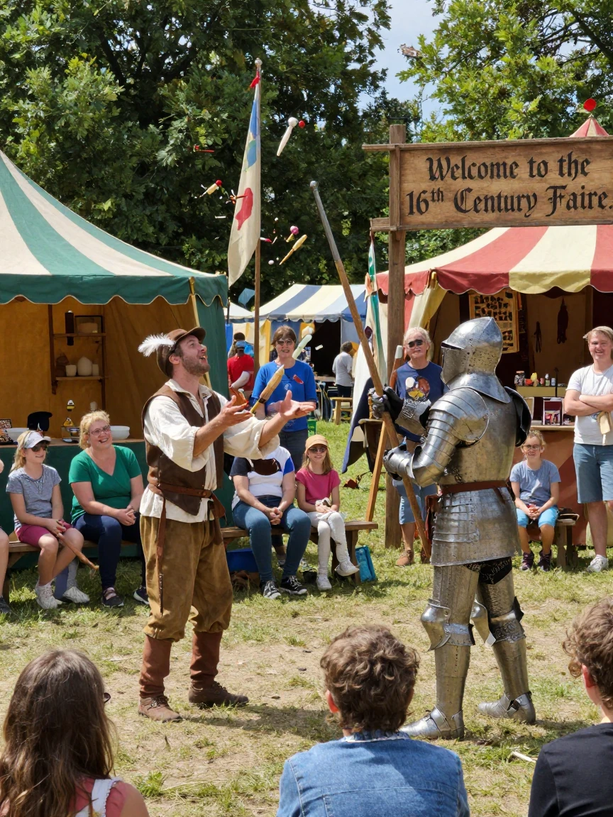 Renaissance-era performers juggle and joust for an audience at a fair grounds.