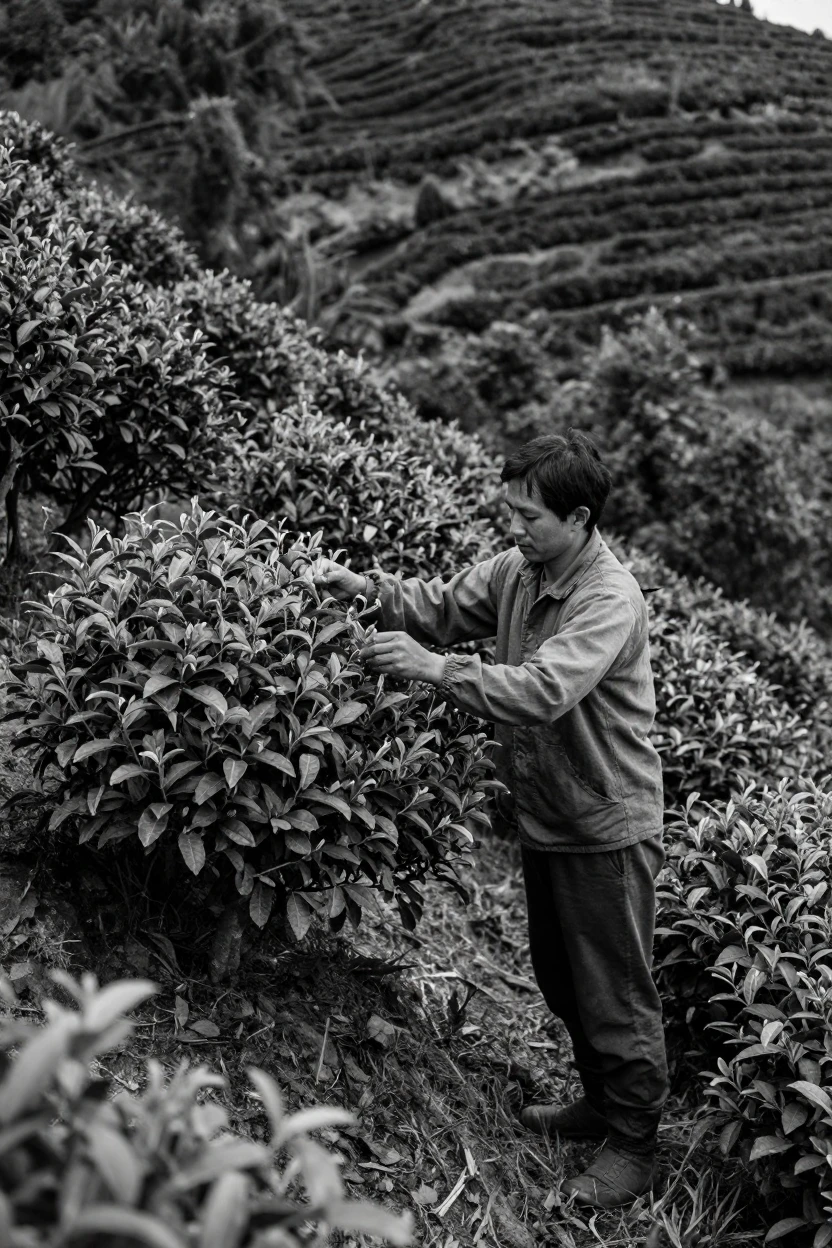 A tea picker plucks fresh leaves from a hillside bush on a steep green hillside.