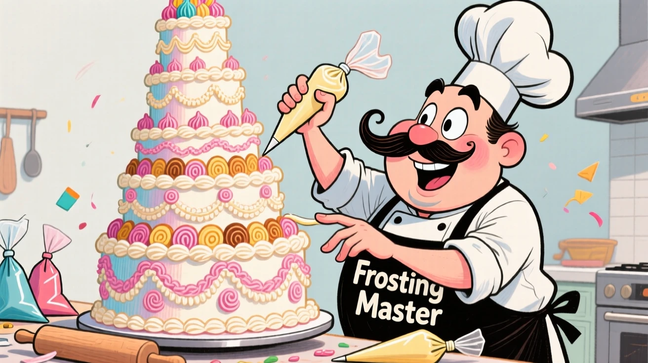 A pastry chef piping intricate frosting onto a towering wedding cake.
