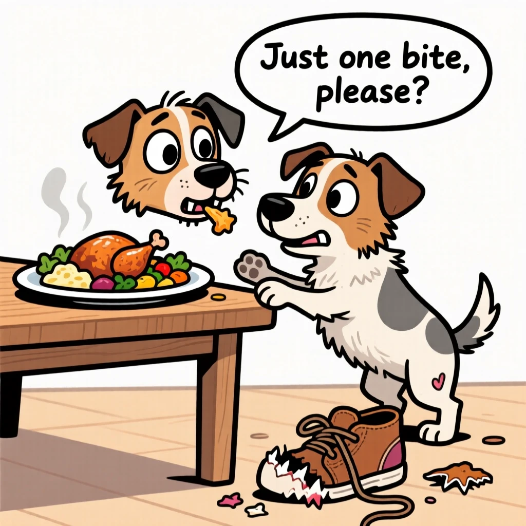 A playful pet moment featuring a scrappy terrier mix begging shamelessly for a bite of dinner, with a guilty look and a chewed-up shoe nearby.