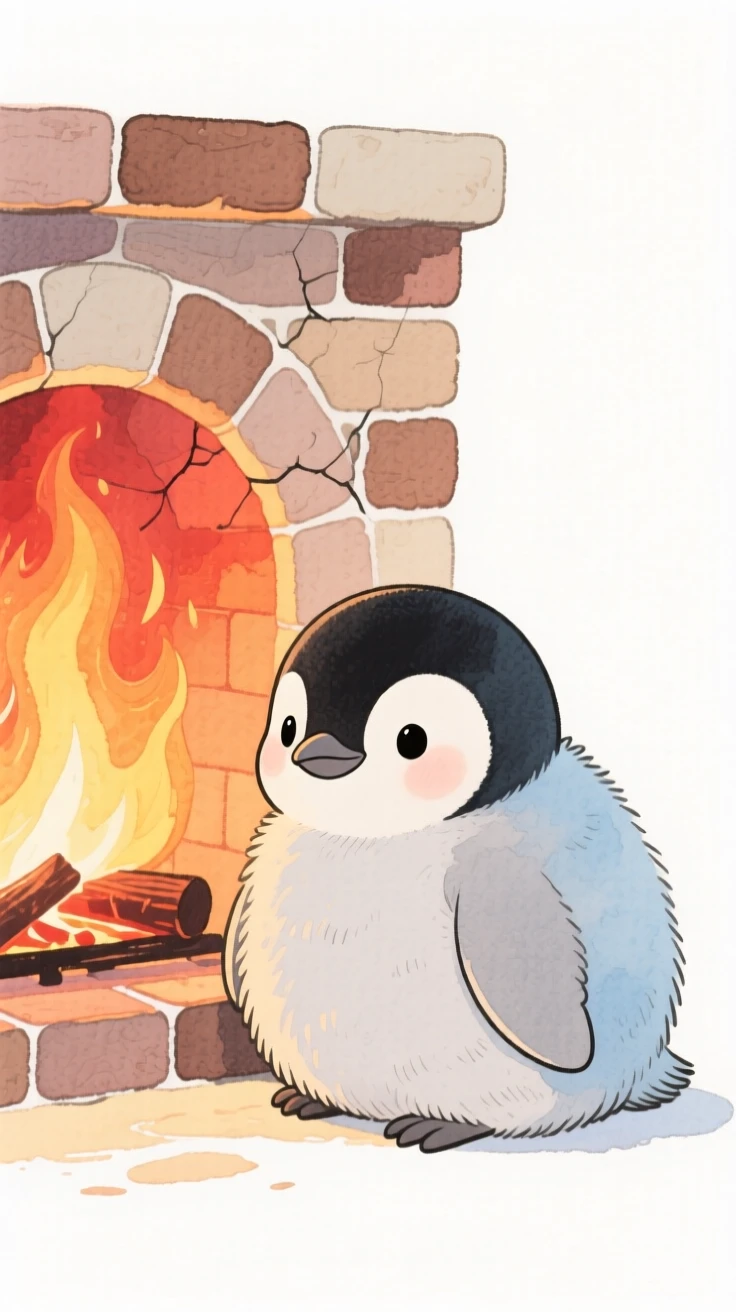 A penguin chick curled up next to a crackling fireplace