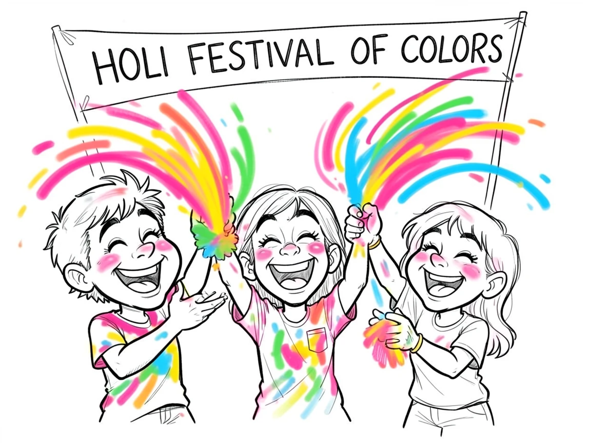 [Seasonal Holidays & Celebrations] Festive scene of friends throwing colorful powder during a joyful Holi festival, full of celebration and joy