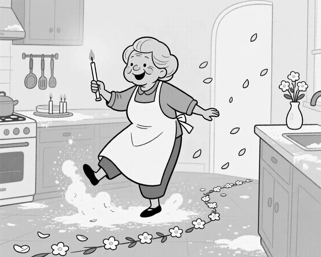 A grandmother lighting candles for a family celebration, kicking up dust with joyful, rhythmic footwork, set in a kitchen dusted with flour and sugar. A trail of flower petals leads toward the celebration. The scene overflows with communal joy and tradition.