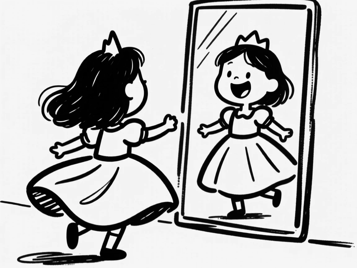 A little girl twirling in a princess dress in front of a mirror.