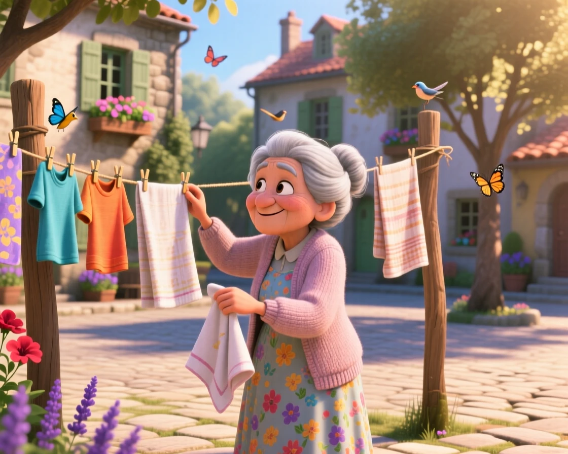 A grandmother hanging laundry on a sunny line is captured at a village square during a quiet afternoon, with a light breeze stirring nearby leaves. A quiet, wholesome charm lingers over the moment.